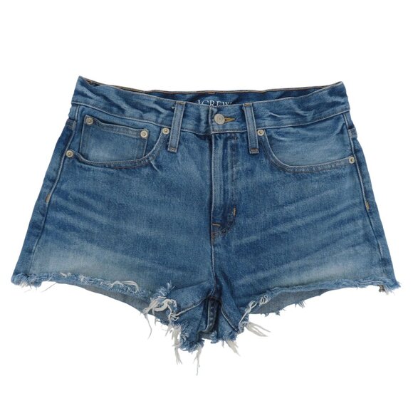 J Crew Women 26 Relaxed Short Raw Hem Whiskered Blue Denim Shorts All Cotton - Picture 1 of 15